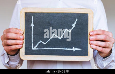 sustainable development infographics, business man holding sign on chalkboard Stock Photo