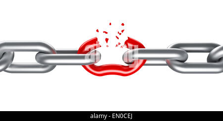Steel chain breaking with unique red link Stock Photo