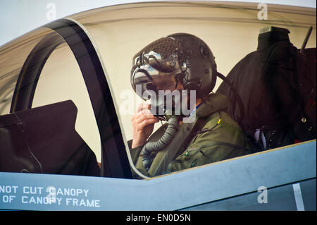 Royal Australian Air Force Squadron Leader Andrew Jackson, F-35 Lightning II student pilot, prepares to exit his F-35A after completing his final flight April 23, 2015 at Eglin Air Force Base, FL. Jackson made history as the first Australian pilot to fly in the F-35A. Stock Photo