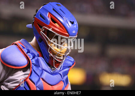 April 24, 2015: Texas Rangers catcher Carlos Corporan #3 in the game between the Texas Rangers and Los Angeles Angels of Anaheim, Angel Stadium in Anaheim, CA Stock Photo