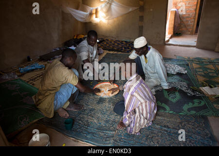 Muslim men have been displaced by violence in Central African Republic. They have found shelter in and around the mosque Stock Photo