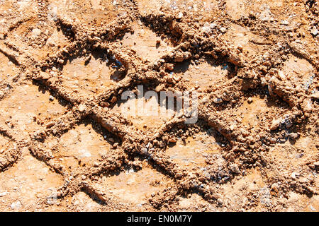 close up wheel's trail tread in the red mud as a background Stock Photo