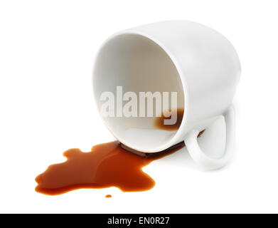 Fallen coffee cup with spilled coffee isolated on white Stock Photo