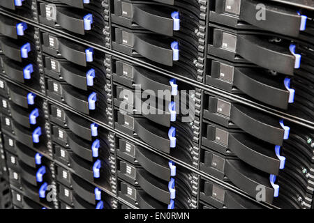 Close up of hard drives in large SAN storage Stock Photo