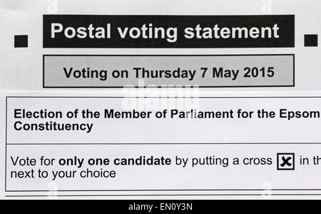 Epsom Surrey England UK. 24th April 2015. Postal ballot papers arrive for the Parliamentary election in the borough of Epsom and Ewell, ahead of the general election on Thursday 7th May. Chris Grayling the current MP will be standing as candidate for the Conservative Party along with candidates for six other political parties. Credit:  Julia Gavin UK/Alamy Live News Stock Photo