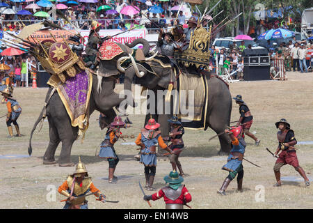 Surin, elephant round-up, elephant fair, battle re-enaction at the elephant fair Stock Photo