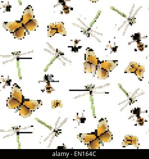 seamless insects background set with butterfly, dragonfly and bee Stock Vector