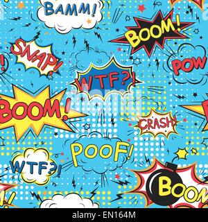 collection of multicolored comic sound effects over blue Stock Vector