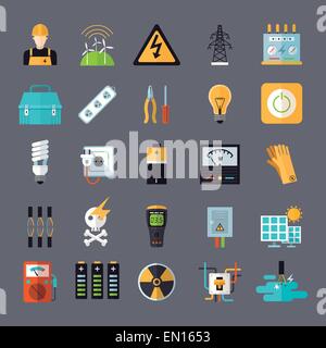 electricity related flat icons set over grey background Stock Vector