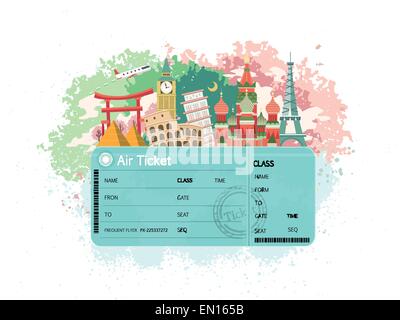 close-up look at flight ticket with famous monument around the world Stock Vector