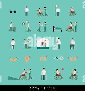 disabled people care help flat icons set over turquoise background Stock Vector