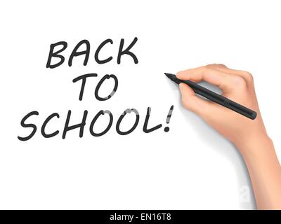 back to school words written by 3d hand over white background Stock Vector