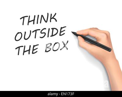 think outside the box words written by hand on a transparent board Stock Vector