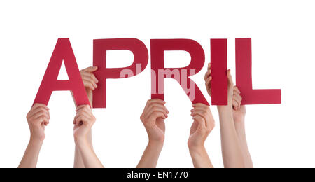 Many Caucasian People And Hands Holding Red Straight Letters Or Characters Building The Isolated English Word April On White Bac Stock Photo