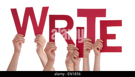 Many Caucasian People And Hands Holding Red Letters Or Characters Building The Isolated English Word Write On White Background Stock Photo