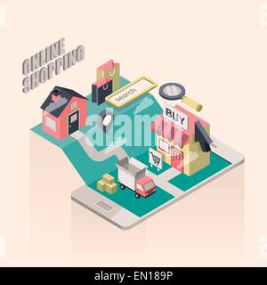 flat 3d isometric online shopping illustration over beige background Stock Vector