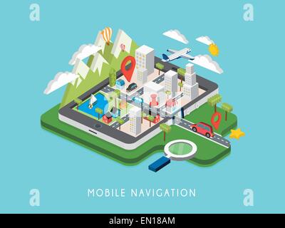 flat 3d isometric mobile navigation illustration over blue background Stock Vector
