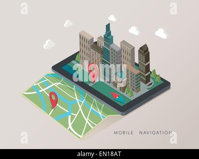 flat 3d isometric mobile navigation illustration over grey background Stock Vector