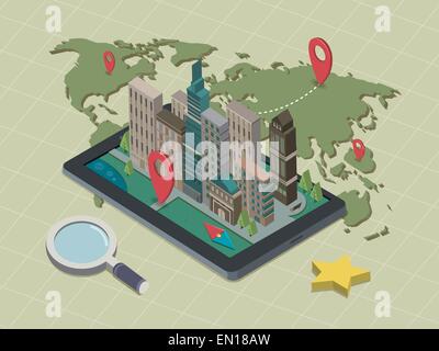 flat 3d isometric mobile navigation illustration over green background Stock Vector