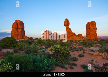 Balanced Rock in Arches National Park near Moab, Utah at sunset Stock Photo