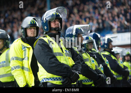 Riot police line up at Leppings Lane Hillsborough during a Championship game between Sheffield Wednesday and Leeds United Stock Photo