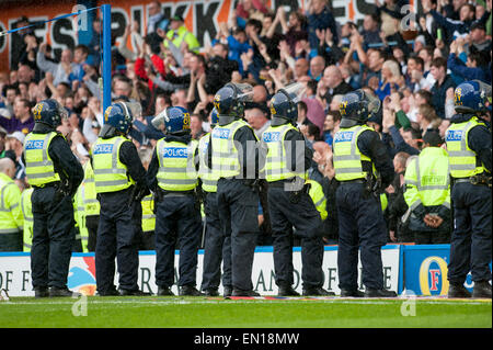 Riot police line up at Leppings Lane Hillsborough during a Championship game between Sheffield Wednesday and Leeds United Stock Photo