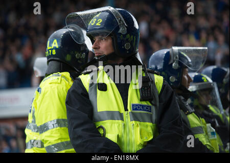 Riot police line up at Leppings Lane Hillsborough during a Championship game between Sheffield Wednesday and Leeds United Stock Photo