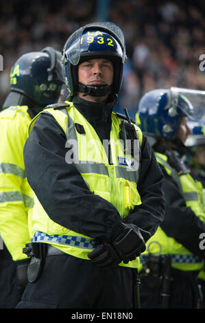 Riot police line up at Leppings Lane Hillsborough during a Championship game between Sheffield Wednesday and Leeds United Stock Photo