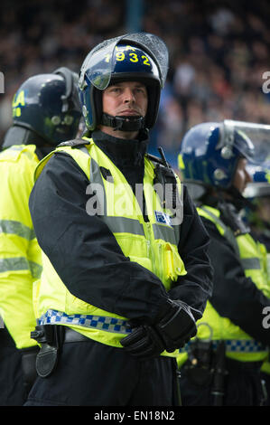 Riot police line up at Leppings Lane Hillsborough during a Championship game between Sheffield Wednesday and Leeds United Stock Photo