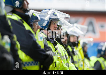 Riot police line up at Leppings Lane Hillsborough during a Championship game between Sheffield Wednesday and Leeds United Stock Photo