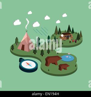 flat 3d isometric camping life illustration over green background Stock Vector