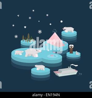 flat 3d isometric arctic life illustration over blue background Stock Vector