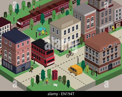 flat 3d isometric city life illustration over beige background Stock Vector
