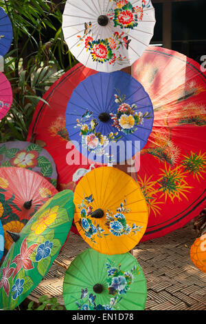Brightly coloured oriental umbrellas, Thailand Stock Photo