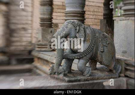 Beluru in Hassan district in the state of Karnataka, India. The town is renowned for its Chennakesava temple, one of the finest examples of Hoysala stone sculpture  workmanship. Stock Photo