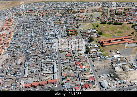 Aerial view of housing and the township suburb of Langa in the Cape Flats region of Cape Town, South Africa. Stock Photo