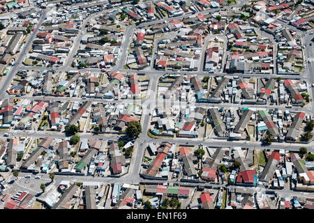 Aerial view of housing and the township suburb of Langa in the Cape Flats region of Cape Town, South Africa. Stock Photo