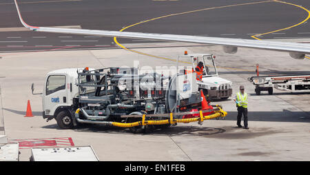 Airport aviation fuel truck with JET A1 aero fuel and HAZCHEM sign at ...