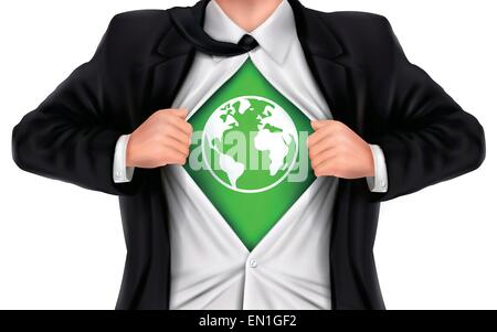 businessman showing earth icon underneath his shirt over white background Stock Vector