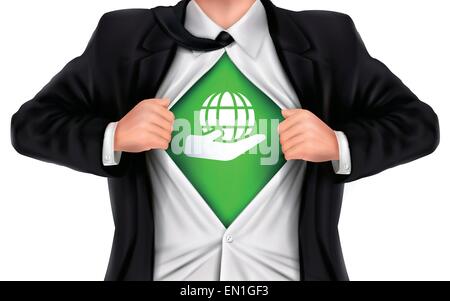 businessman showing earth icon underneath his shirt over white background Stock Vector