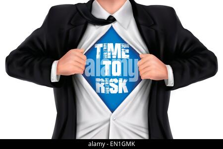 businessman showing Time to risk words underneath his shirt over white background Stock Vector