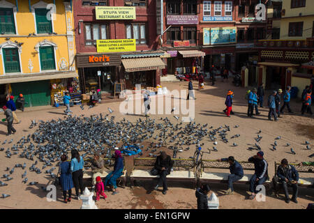 Pigeons in the square surrounding Boudhanath Stupa, Kathmandu, Nepal Stock Photo