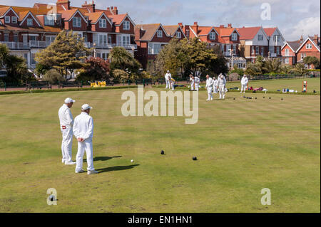 Eastbourne,  UK. 25 April 2015. Local residents take part in traditional crown green bowls near the seafront in Eastbourne . Credit:  Stephen Chung / Alamy Live News Stock Photo