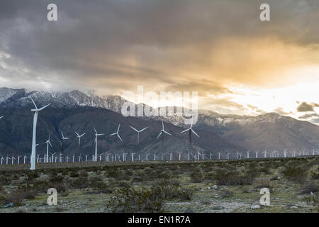 landscape with windmills and mountains at sunset in Southern California Stock Photo