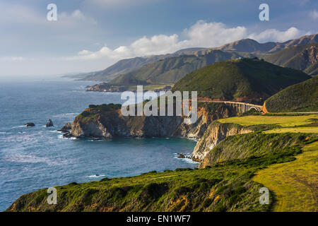 View of Bixby Creek Bridge and mountains along the Pacific Coast, in Big Sur, California. Stock Photo