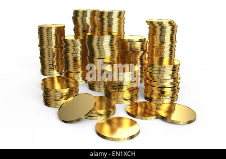 Stacks of golden coins  isolated on  white background Stock Photo