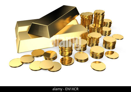 Gold ingots and coins isolated on  white background Stock Photo