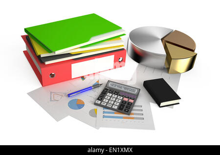 Office calculator, metallic pie charts, notepad, folder and pen on financial reports isolated on white background Stock Photo