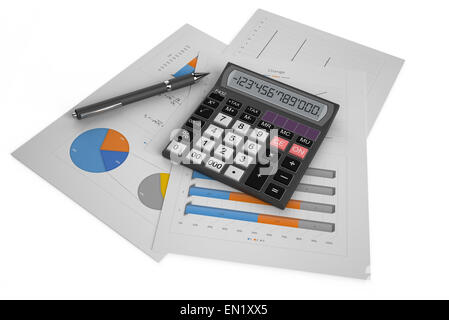 Office calculator and pen on financial reports isolated on white background Stock Photo