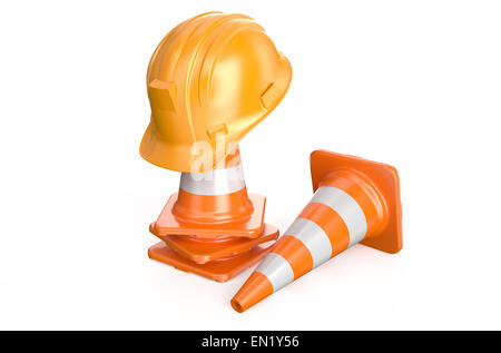 Traffic cones and hardhat  isolated on white background Stock Photo